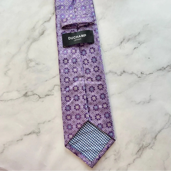 Duchamp Purple Blue Floral Geometric Men’s Silk Tie Hand Made in England - Picture 6 of 8
